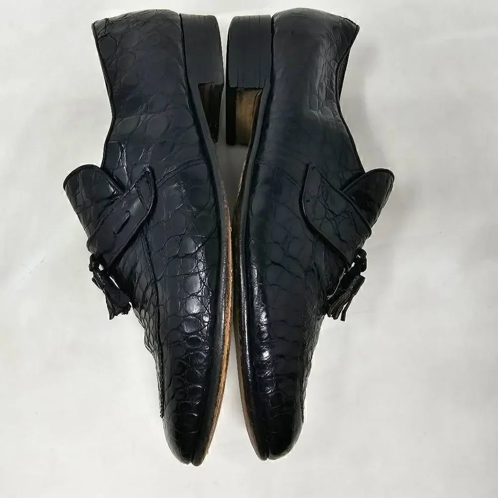 VINTAGE BLACK FULL CROCODILE LEATHER APRON TOE TASSEL LOAFER MENS 8 3.6